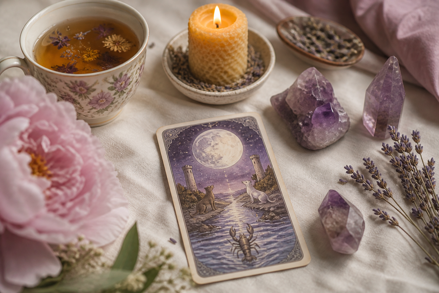 Tarotkaarten met thee en kristallen