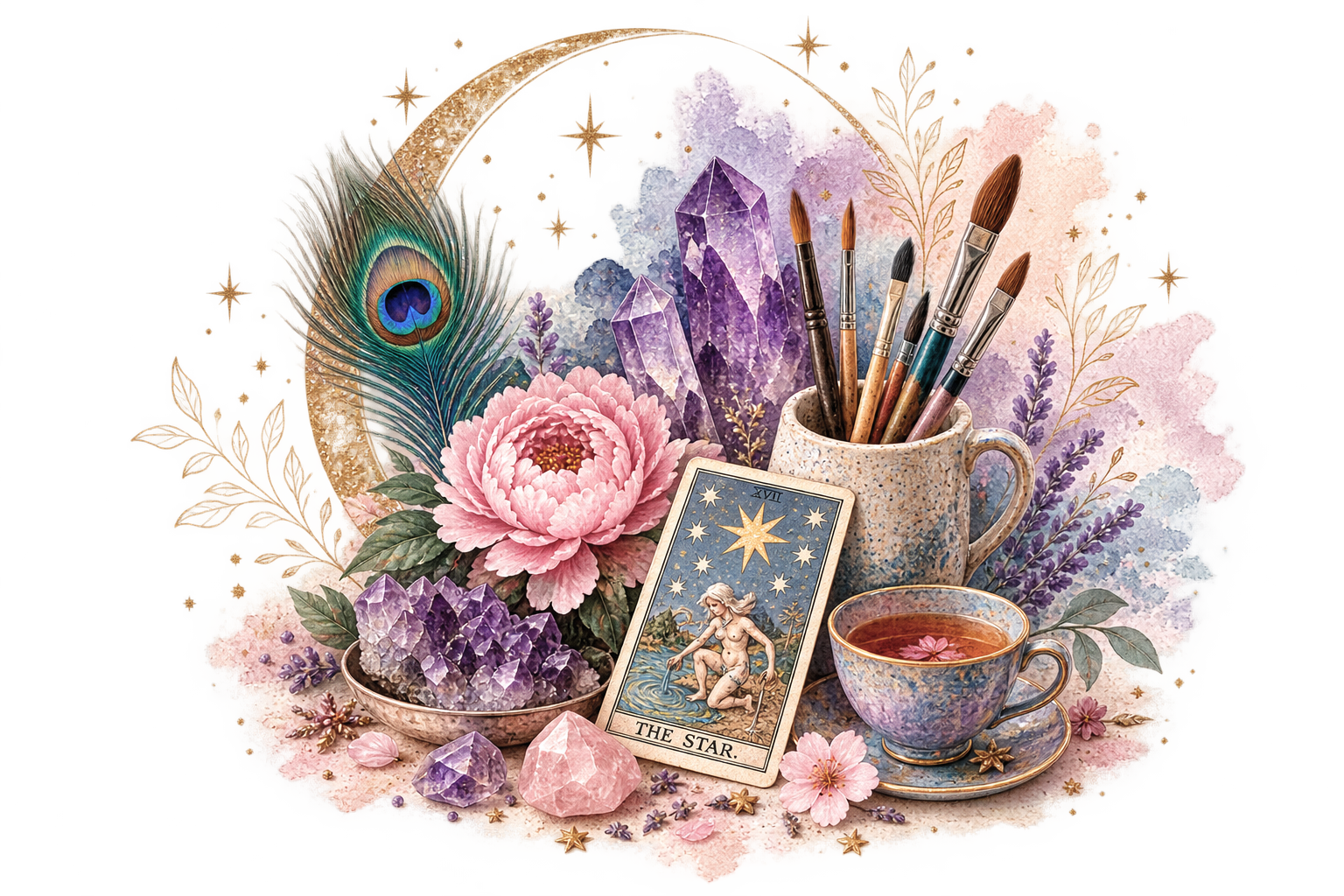 Collage met kristallen, tarot, thee en creatieve materialen